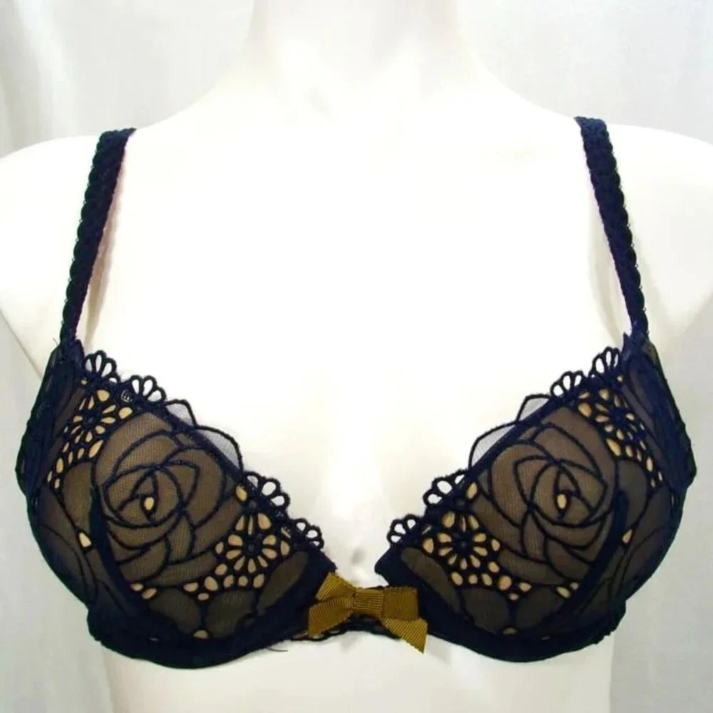 Lou Paris Rose Lace Push Up Underwire Bra 34A Black Excellent Pre-owned Conditio